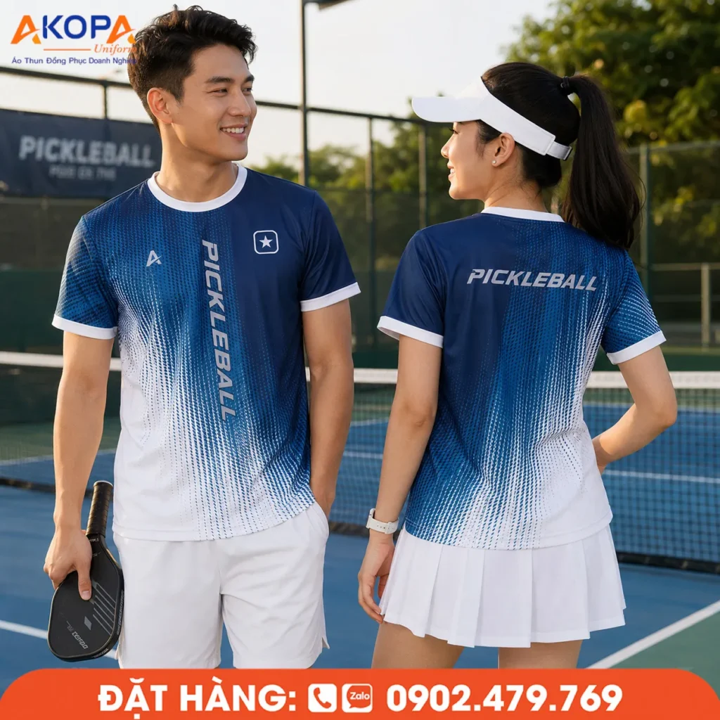 Áo đồng phục pickleball cổ tròn tông xanh navy phối trắng hiện đại, thiết kế năng động với họa tiết chuyển sắc độc đáo, chất liệu co giãn 4 chiều, thoáng khí, thấm hút mồ hôi tốt, phù hợp cho thi đấu, luyện tập và đồng phục CLB Pickleball.