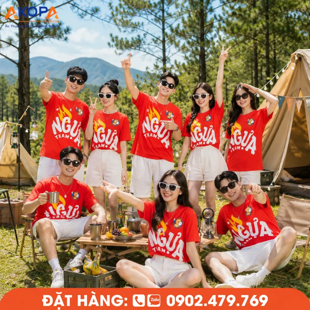 Áo đồng phục team building màu đỏ nổi bật với thiết kế cá tính, chất liệu mềm mát, phù hợp cho hoạt động cắm trại, dã ngoại, picnic và chương trình gắn kết đội nhóm ngoài thiên nhiên.