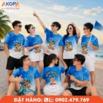 Áo đồng phục team building phối xanh dương chuyển trắng với thiết kế in 3D trẻ trung, tạo cảm giác mát mẻ, phù hợp cho du lịch biển, hoạt động ngoài trời và chương trình gắn kết doanh nghiệp.