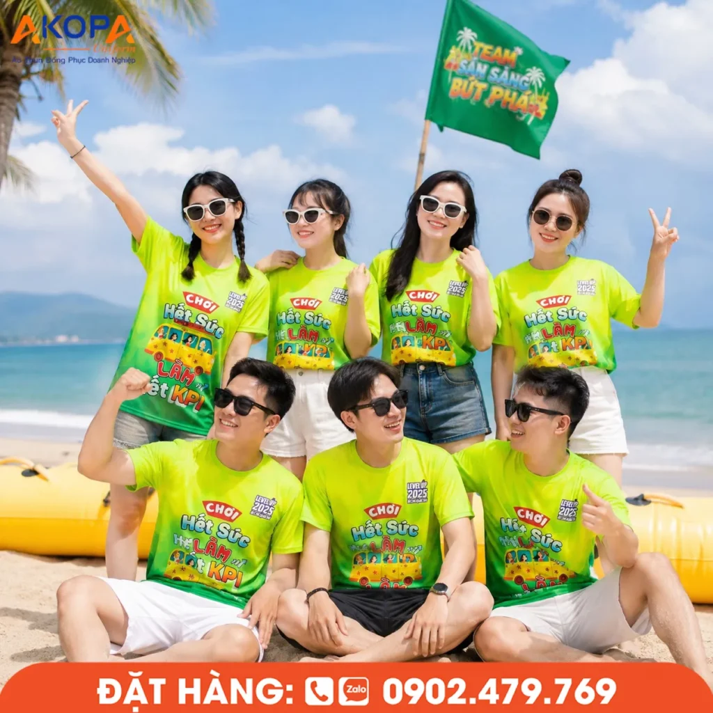 Áo đồng phục team building màu xanh chuối nổi bật với thiết kế in 3D sinh động, chất liệu nhẹ và thoáng khí, phù hợp cho chương trình du lịch biển, sự kiện doanh nghiệp và hoạt động xây dựng tinh thần đồng đội.