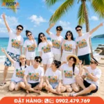 Áo đồng phục team building màu trắng với họa tiết mùa hè rực rỡ, thiết kế trẻ trung, chất vải thoáng mát, phù hợp cho du lịch biển, vui chơi tập thể và các chương trình teambuilding doanh nghiệp.