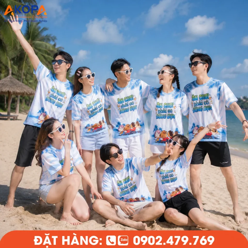 Áo đồng phục team building họa tiết xanh biển tươi mát, thiết kế in 3D nổi bật, mang đến phong cách năng động, phù hợp cho hoạt động bãi biển, du lịch hè và các chương trình gắn kết tập thể.