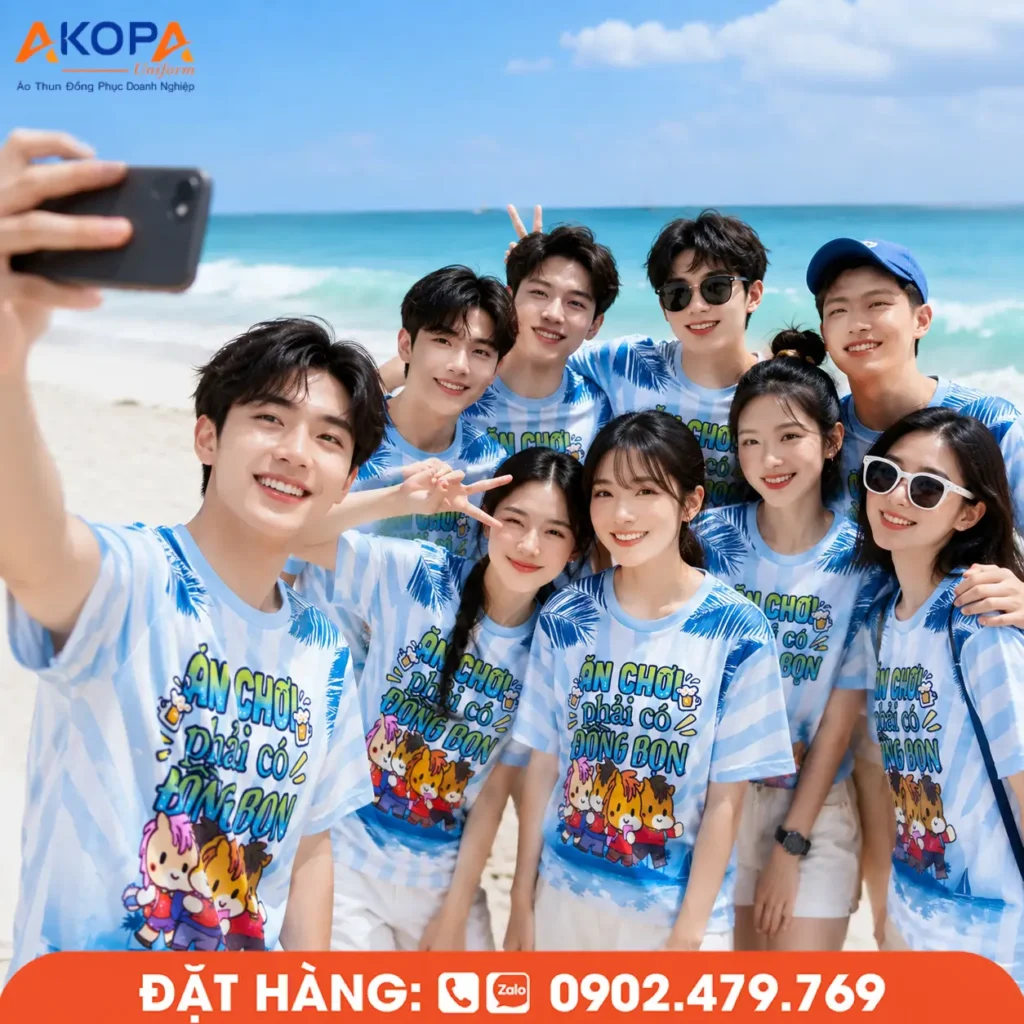 Mẫu áo nhóm chất đi biển thiết kế xanh mát, hình in vui nhộn, form trẻ trung giúp cả team nổi bật khi selfie, du lịch và team building mùa hè.