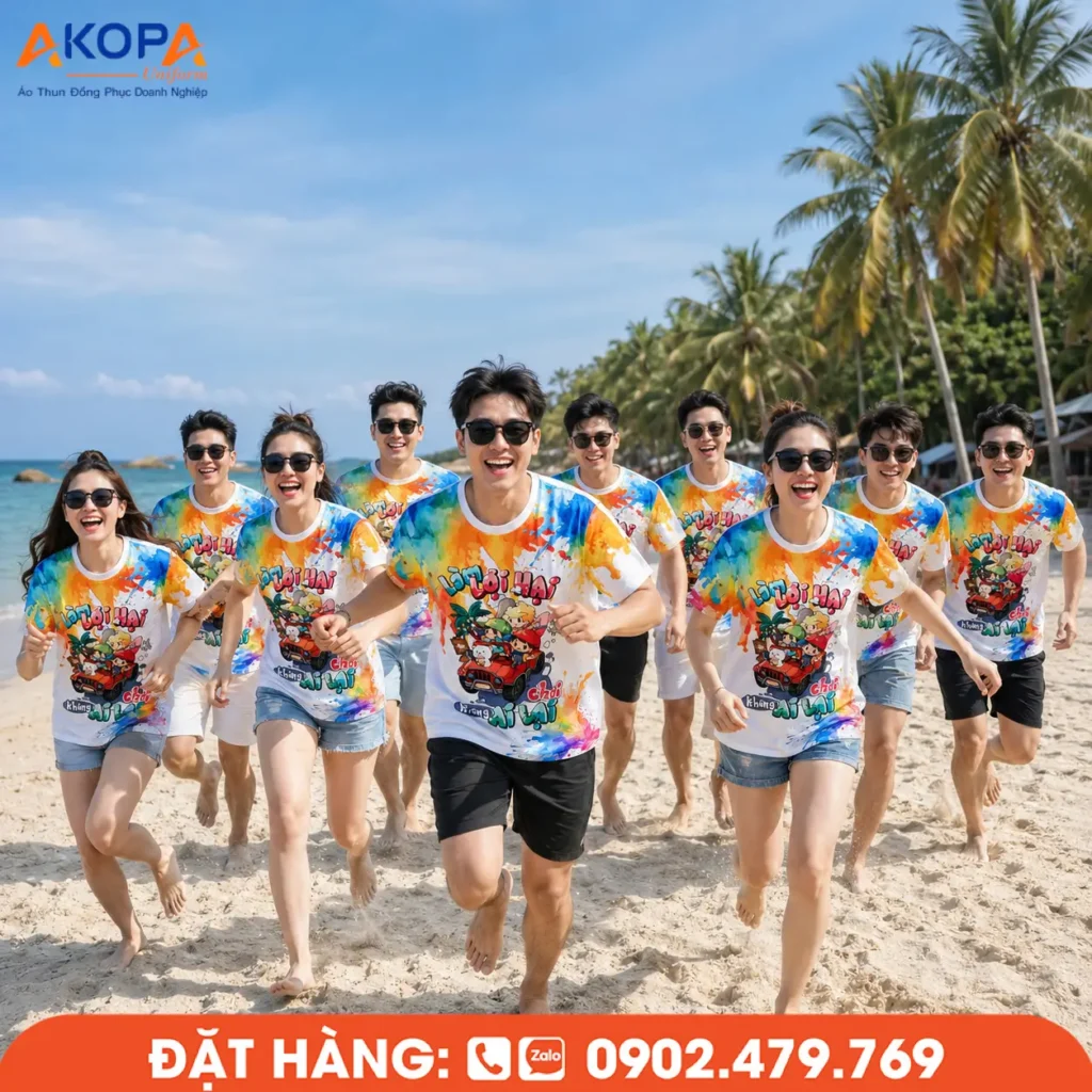 Mẫu áo nhóm chất với họa tiết sắc màu nổi bật, chất liệu thoáng mát, thích hợp cho đi biển, team building và các hoạt động ngoài trời, giúp cả nhóm tự tin tỏa sáng trong từng khoảnh khắc.