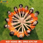 Mẫu áo nhóm chất màu cam nổi bật, thiết kế trẻ trung và năng động, phù hợp cho team building, du lịch, dã ngoại và các hoạt động ngoài trời, giúp gắn kết tinh thần đồng đội.