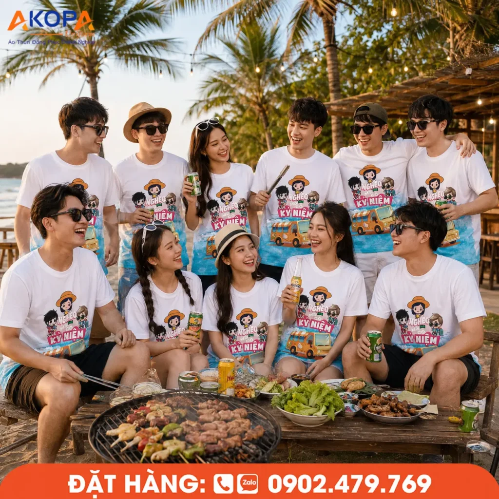 Mẫu áo nhóm chất dành cho tiệc BBQ ngoài trời, thiết kế trẻ trung, chất liệu thoáng mát, giúp nhóm bạn nổi bật, gắn kết và lưu giữ những khoảnh khắc đáng nhớ trong mỗi chuyến du lịch.