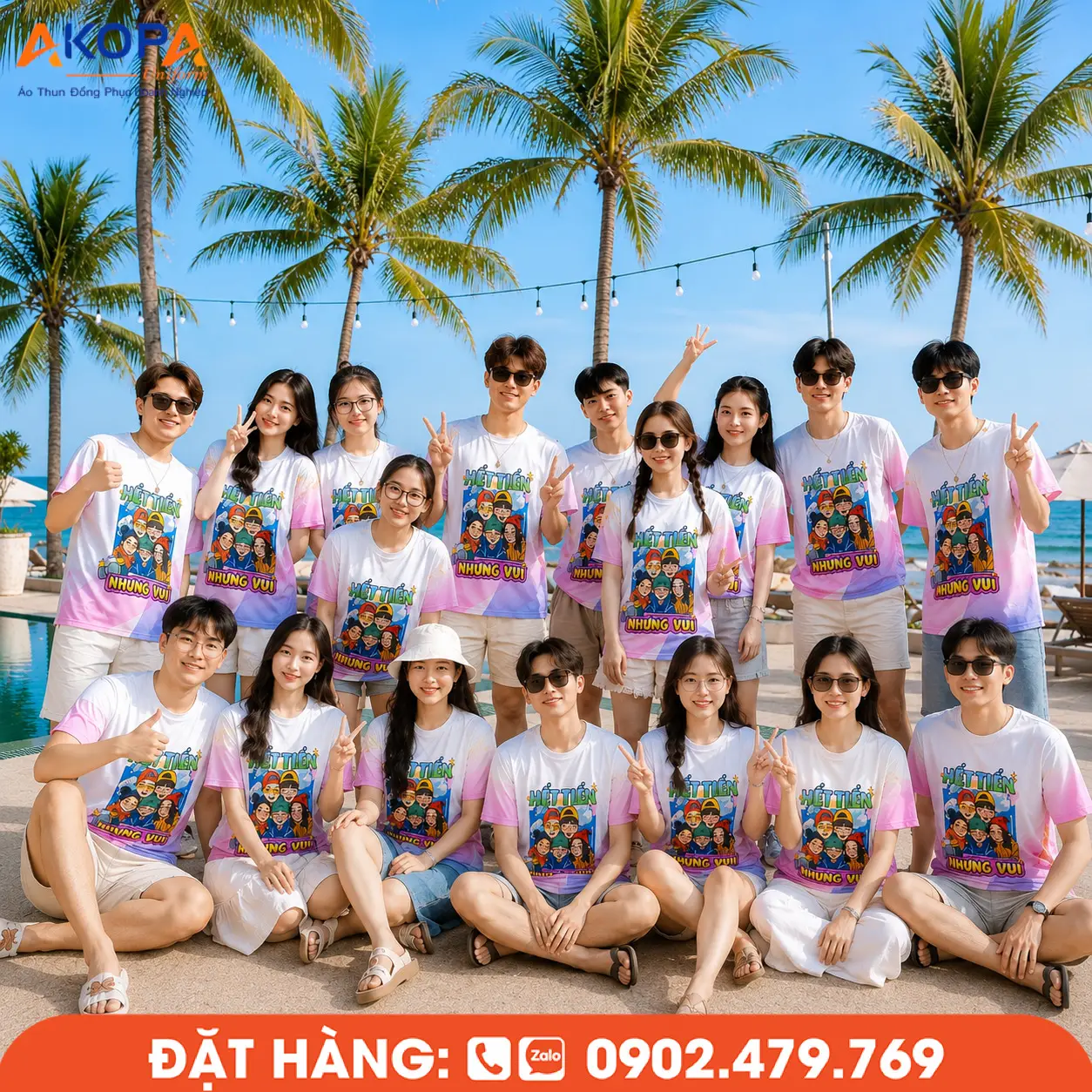 Mẫu áo nhóm chất dành cho nhóm đông người với thiết kế trẻ trung, màu sắc nổi bật, phù hợp đi biển, nghỉ dưỡng, du lịch và team building, tạo nên sự đồng bộ và gắn kết cho cả tập thể.