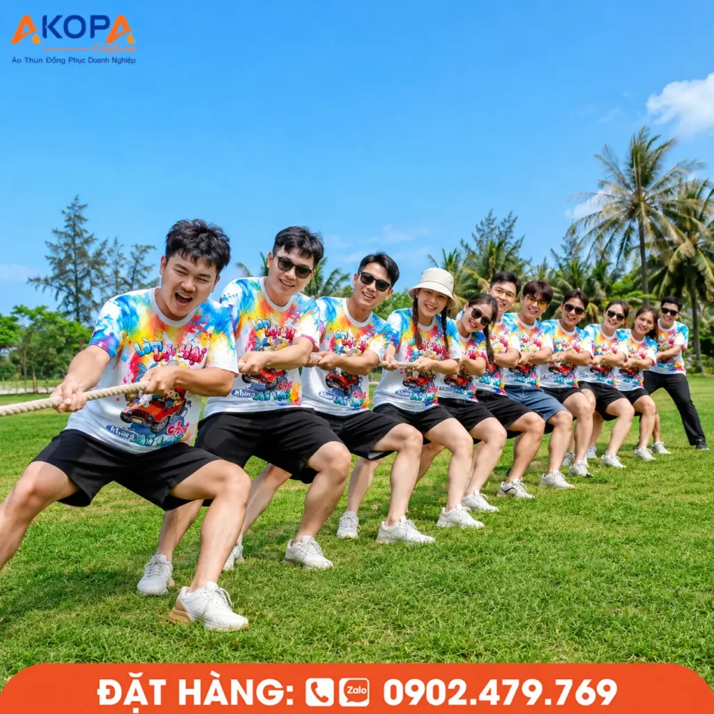 Mẫu áo nhóm chất dành cho hoạt động kéo co và team building, thiết kế nổi bật, chất liệu thoáng mát, giúp cả nhóm tăng tinh thần đoàn kết và tạo nên những khoảnh khắc sôi động ngoài trời.