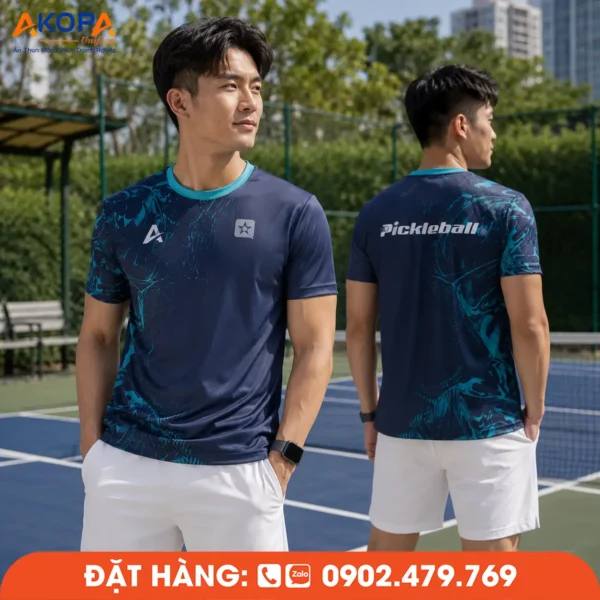 Áo Đồng Phục Pickleball Xanh Navy Phối Họa Tiết Vân Xanh – PK267