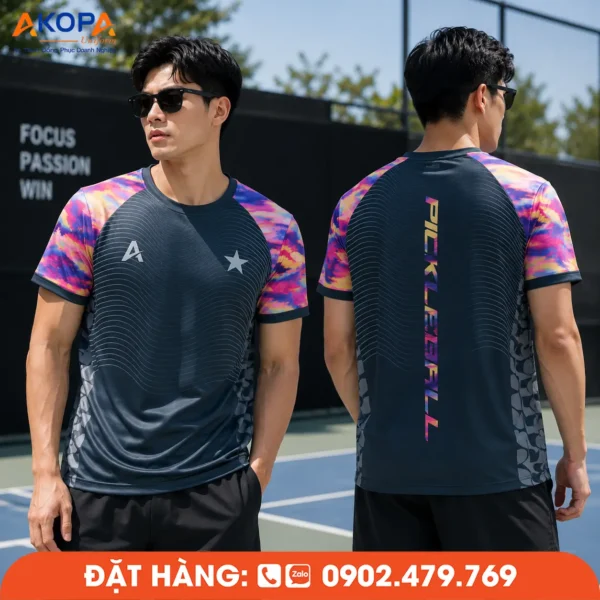 Áo Đồng Phục Pickleball Xám Đen Tay Họa Tiết Chuyển Sắc – PK282