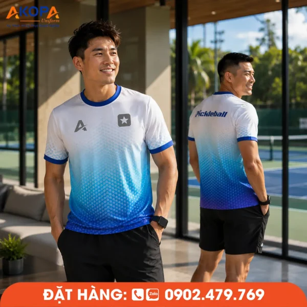 Áo Đồng Phục Pickleball Trắng Phối Xanh Chuyển Sắc – PK263
