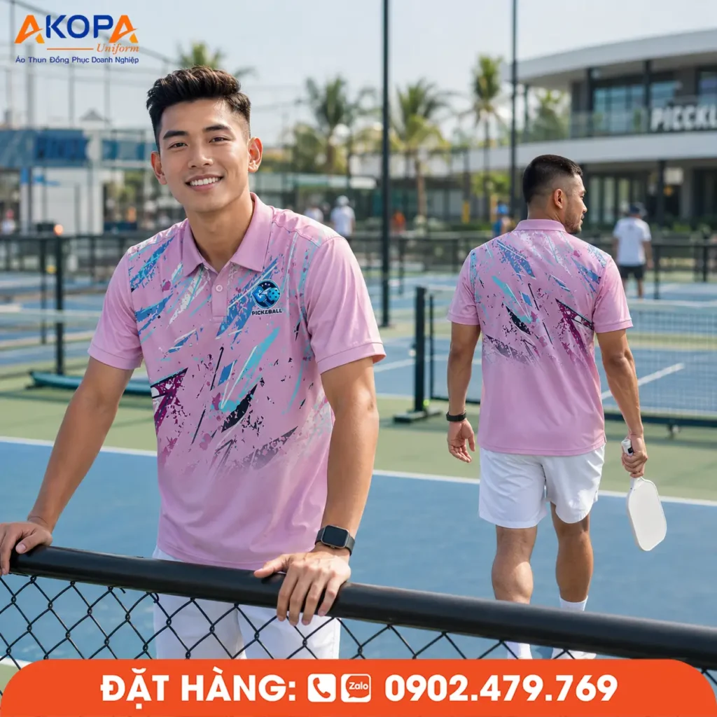 Áo pickleball nam tông hồng kết hợp họa tiết nghệ thuật phá cách, mang đến diện mạo nổi bật và cá tính, phù hợp cho người chơi yêu thích phong cách trẻ trung trên sân Pickleball.