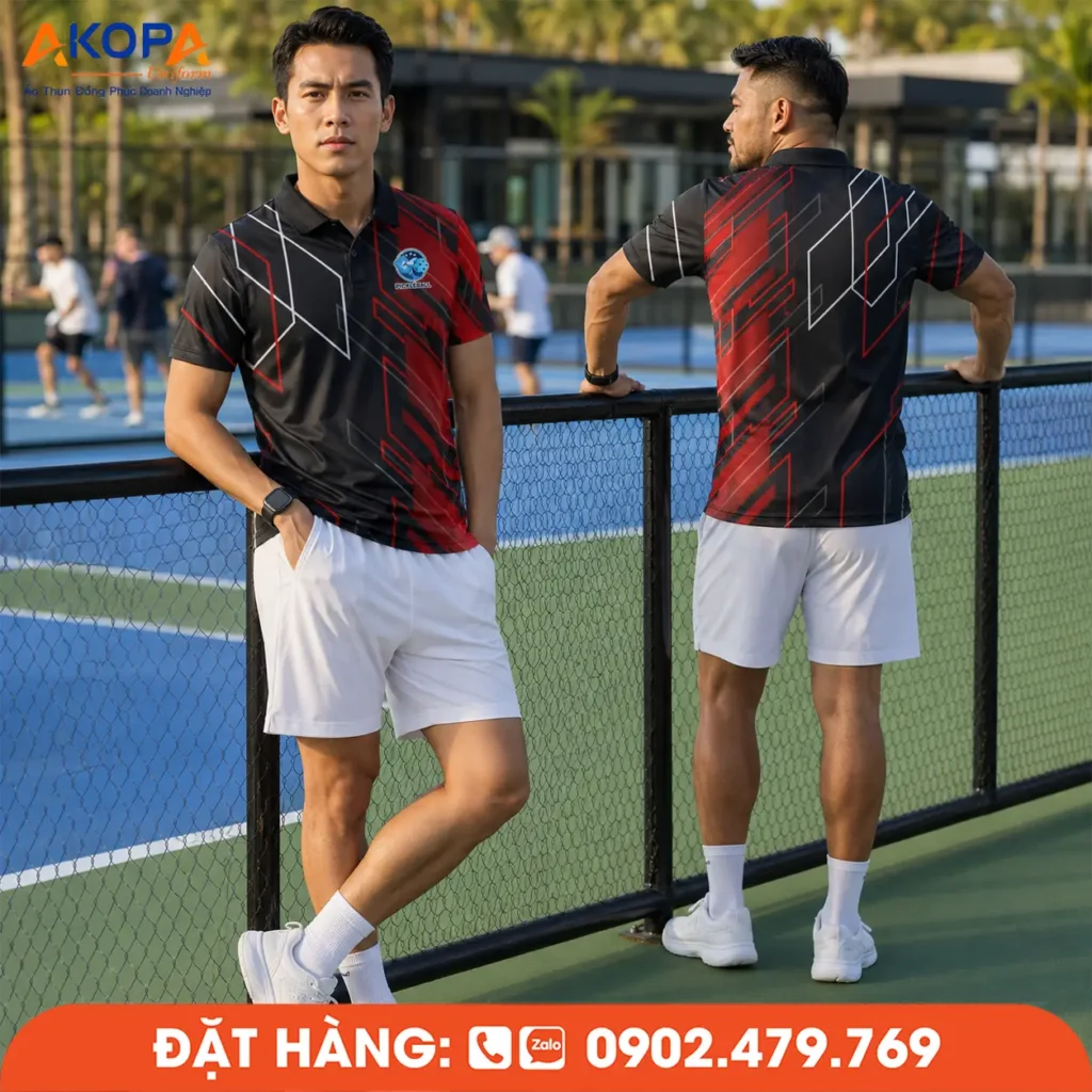 Áo pickleball nam phối đen đỏ với họa tiết hình khối sắc sảo, tạo diện mạo mạnh mẽ và đầy năng lượng, thích hợp cho những người chơi theo đuổi phong cách thể thao cá tính.