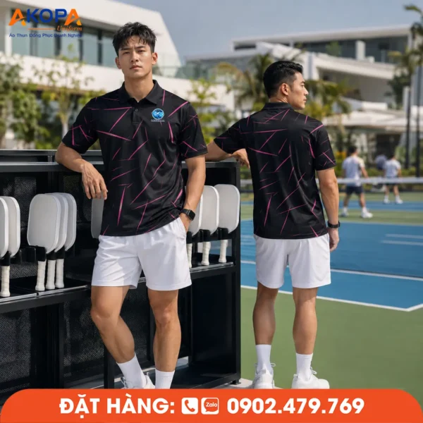 Áo Đồng Phục Pickleball Đen Điểm Họa Tiết Hồng – PK196