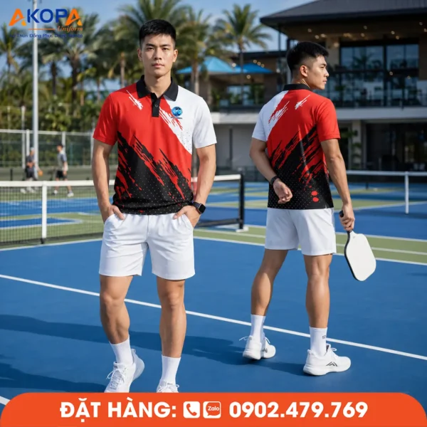 Áo Đồng Phục Pickleball Đỏ Trắng Và Đen Họa Tiết Cọ Vẽ – PK197