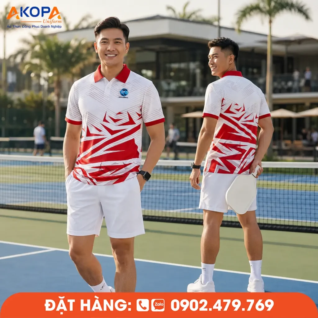 Trang phục pickleball nam phối trắng đỏ với các mảng đồ họa sắc nét lấy cảm hứng từ chuyển động, giúp tăng tính nhận diện và mang đến diện mạo nổi bật cho người chơi trên sân Pickleball.