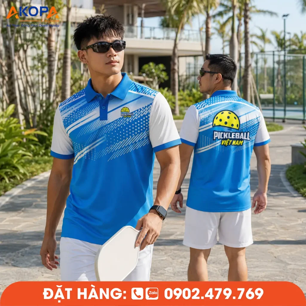 Mẫu áo pickleball nam phối xanh dương hiện đại, thiết kế nổi bật với form thể thao khỏe khoắn, phù hợp thi đấu, luyện tập và đồng phục đội nhóm chuyên nghiệp.