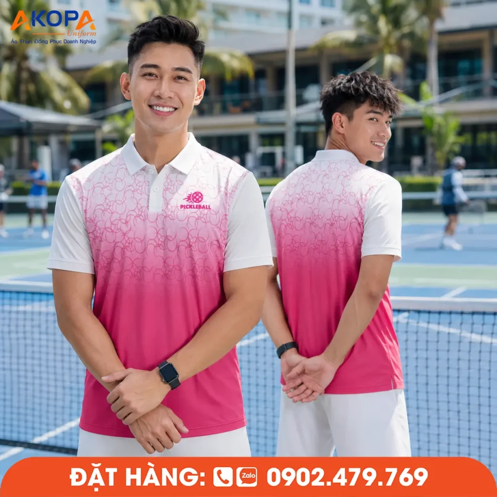 Áo pickleball nam chuyển sắc từ trắng sang hồng với họa tiết vòng tròn cách điệu, tạo cảm giác trẻ trung, nổi bật và phù hợp cho người chơi yêu thích phong cách năng động trên sân Pickleball.