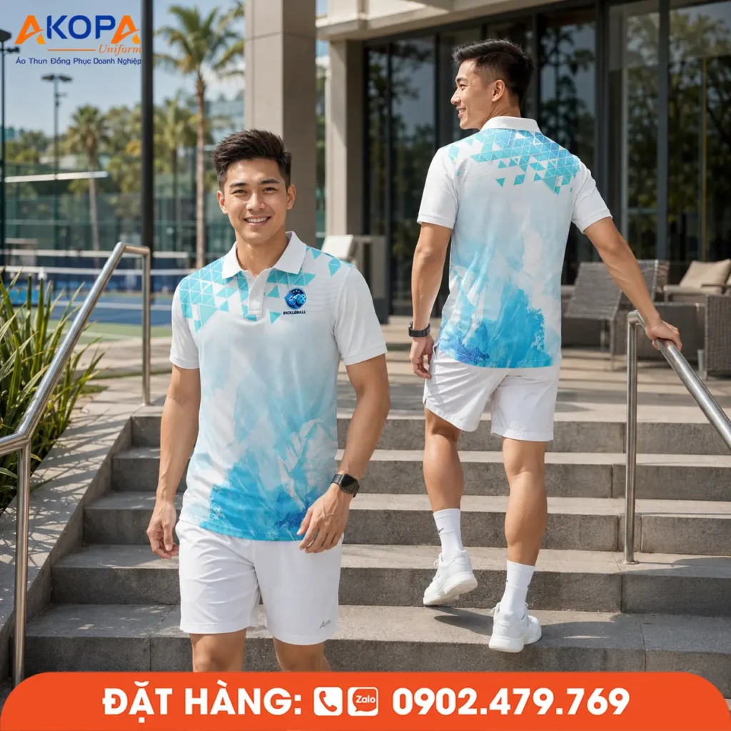 Thiết kế áo pickleball nam lấy cảm hứng từ gam xanh đại dương kết hợp họa tiết tam giác hiện đại, tạo vẻ ngoài tươi sáng, dễ phối đồ và phù hợp cho nhiều hoạt động trên sân Pickleball.