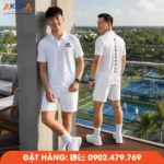 Áo pickleball nam tông trắng tối giản với điểm nhấn họa tiết chìm và dòng chữ sau lưng, mang phong cách thanh lịch, phù hợp cho người yêu thích vẻ đẹp tinh tế trong môn Pickleball.
