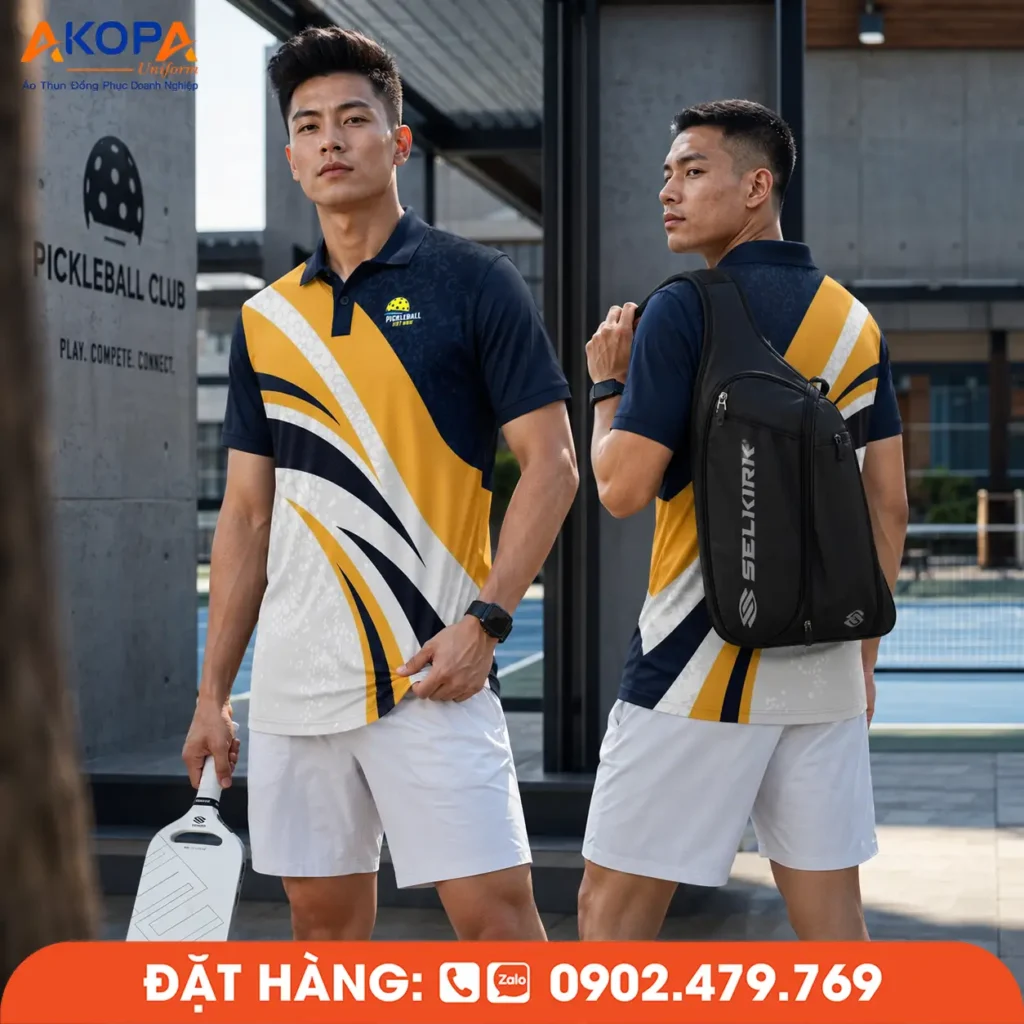 Áo đồng phục Pickleball xanh navy phối vàng nổi bật, thiết kế mạnh mẽ, chất liệu co giãn 4 chiều, thoáng khí, hút ẩm nhanh, thích hợp thi đấu, tập luyện và đồng phục câu lạc bộ Pickleball.