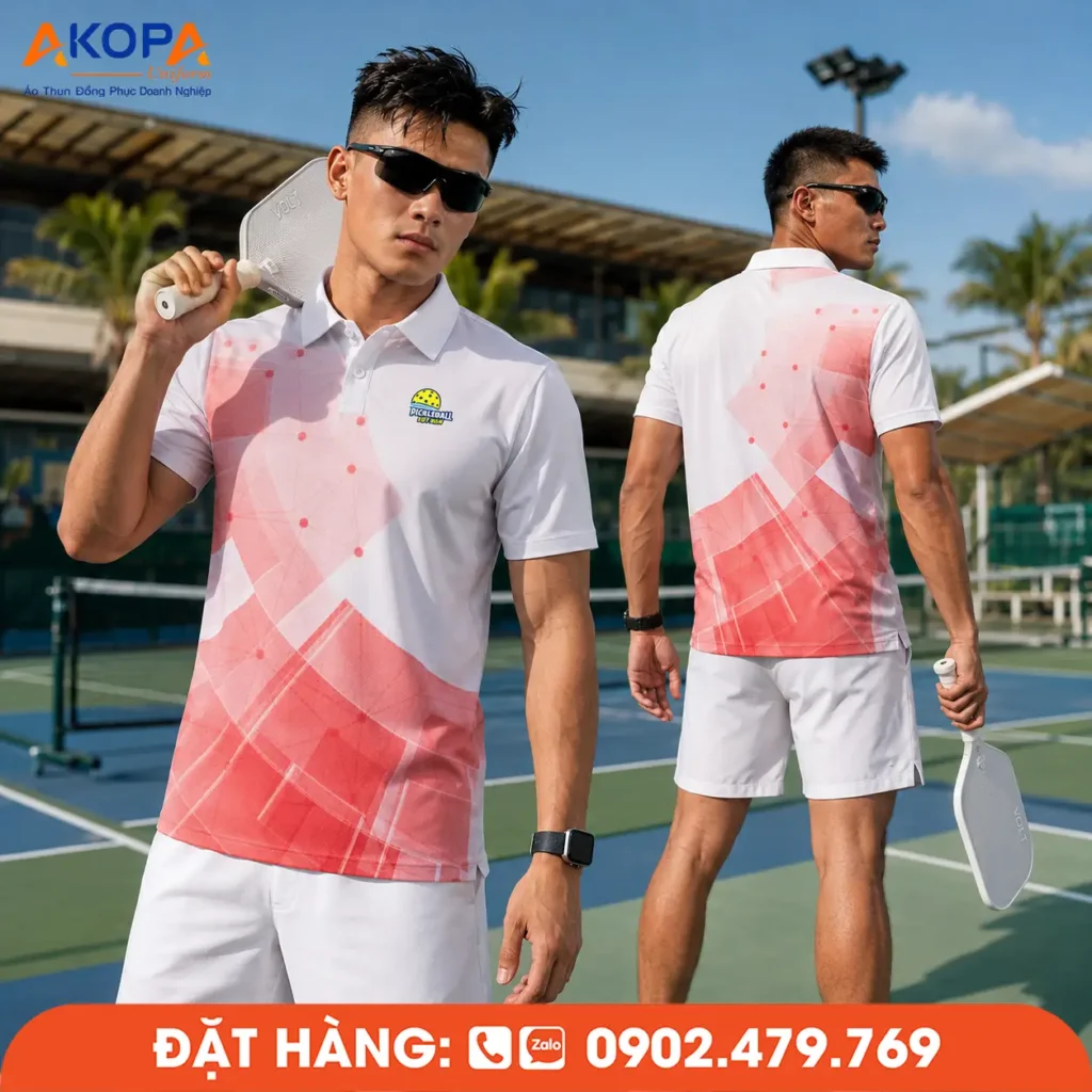Áo đồng phục Pickleball trắng phối hồng pastel hiện đại, chất liệu co giãn 4 chiều, thoáng khí, thấm hút mồ hôi nhanh, phù hợp thi đấu, luyện tập và đồng phục câu lạc bộ Pickleball.