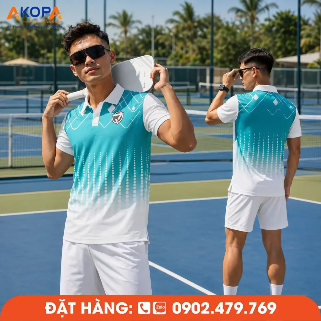 Áo đồng phục Pickleball trắng phối xanh ngọc nổi bật, chất liệu co giãn 4 chiều, thoáng khí, thấm hút mồ hôi nhanh, mang đến sự thoải mái khi thi đấu, tập luyện và sử dụng cho câu lạc bộ Pickleball.