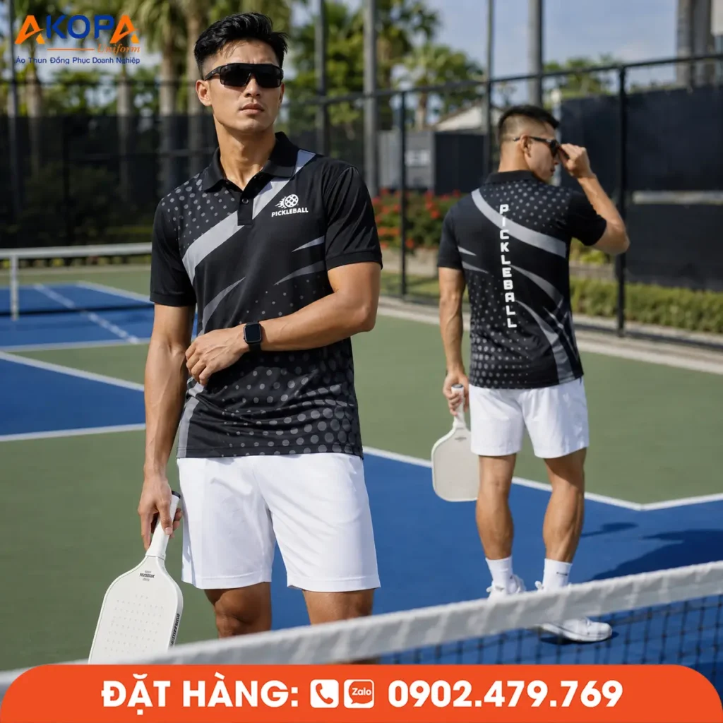 Áo đồng phục Pickleball màu đen phối họa tiết xám hiện đại, chất liệu co giãn 4 chiều, thoáng khí, thấm hút mồ hôi tốt, phù hợp thi đấu, tập luyện và may đồng phục câu lạc bộ Pickleball.