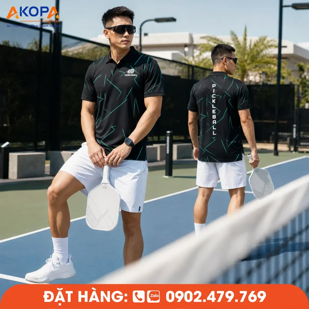 Áo đồng phục Pickleball màu đen phối họa tiết xanh nổi bật, chất liệu co giãn 4 chiều, thoáng khí, thấm hút mồ hôi hiệu quả, phù hợp thi đấu, tập luyện và may đồng phục Pickleball theo yêu cầu.