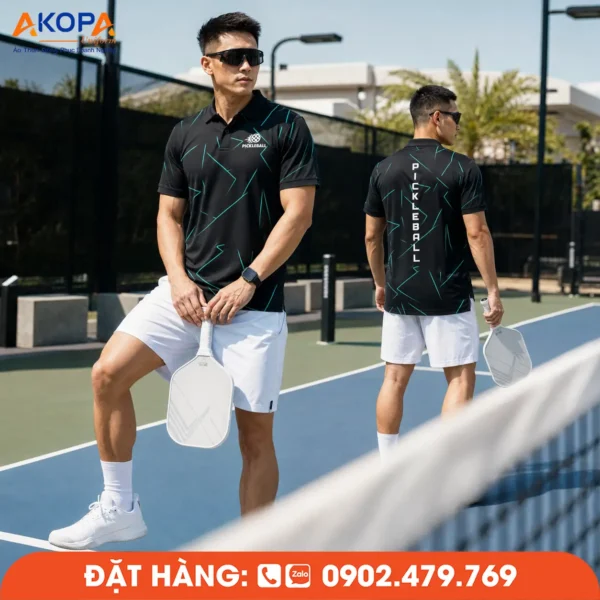 Áo Đồng Phục Pickleball Đen Phối Họa Tiết Xanh – PK217