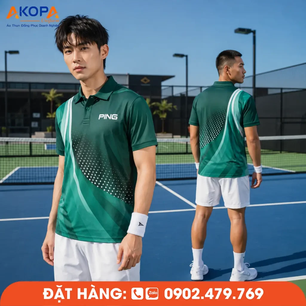Áo đồng phục Pickleball màu xanh lá phối họa tiết hiện đại, chất liệu co giãn 4 chiều, thoáng khí, thấm hút mồ hôi nhanh, phù hợp thi đấu, tập luyện và may đồng phục Pickleball theo yêu cầu.