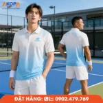 Thiết kế áo polo Pickleball trắng phối xanh nhạt với hiệu ứng sọc chéo chuyển màu, mang phong cách thể thao tối giản và hiện đại. Form mặc gọn gàng, phù hợp đồng phục câu lạc bộ, đội thi đấu, giải Pickleball và doanh nghiệp tổ chức sự kiện thể thao.