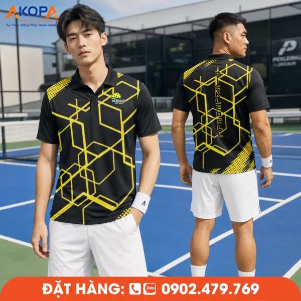 Áo Đồng Phục Pickleball Đen Phối Họa Tiết Hình Học Màu Vàng – PK224