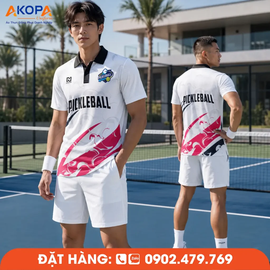 Áo đồng phục Pickleball màu trắng phối họa tiết hồng cách điệu tạo điểm nhấn trẻ trung và khác biệt. Kiểu dáng polo thể thao lịch sự, phù hợp cho câu lạc bộ, đội thi đấu và các đơn vị cần thiết kế đồng phục Pickleball theo nhận diện riêng.