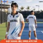 Mẫu áo Pickleball tông trắng kết hợp họa tiết xanh dương dạng chuyển động, tạo cảm giác tốc độ và linh hoạt trên sân. Thiết kế phù hợp cho đồng phục đội tuyển, câu lạc bộ và các giải Pickleball, mang đến hình ảnh chuyên nghiệp và năng động.