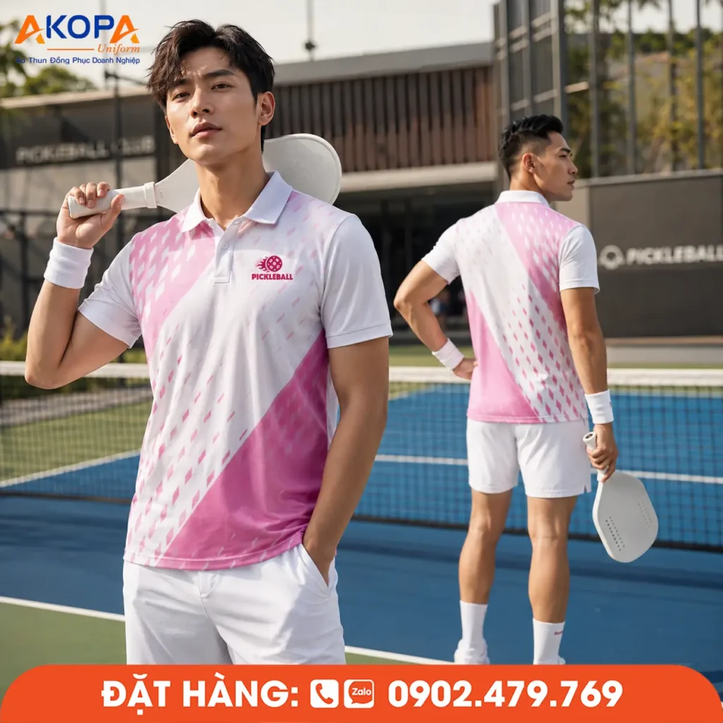 Áo đồng phục Pickleball trắng phối hồng với họa tiết chuyển màu và đường nét hiện đại, tạo phong cách trẻ trung, năng động. Chất vải co giãn 4 chiều, thấm hút mồ hôi tốt, phù hợp cho câu lạc bộ, giải đấu và may đồng phục Pickleball theo yêu cầu.