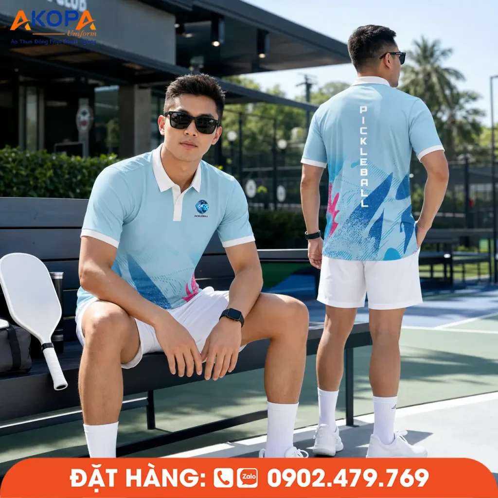 Áo pickleball nam xanh pastel phối họa tiết hiện đại, kiểu dáng thể thao trẻ trung, mang đến sự thoải mái khi thi đấu, tập luyện và sử dụng làm đồng phục Pickleball.
