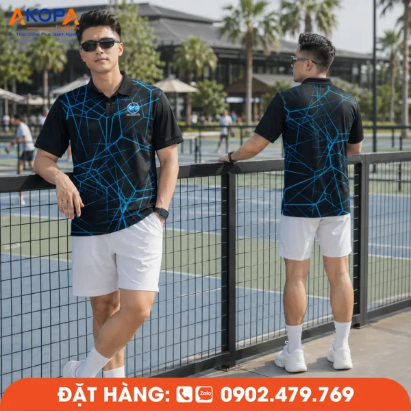 Áo Đồng Phục Pickleball Đen Phối Họa Tiết Đường Nét Xanh – PK186
