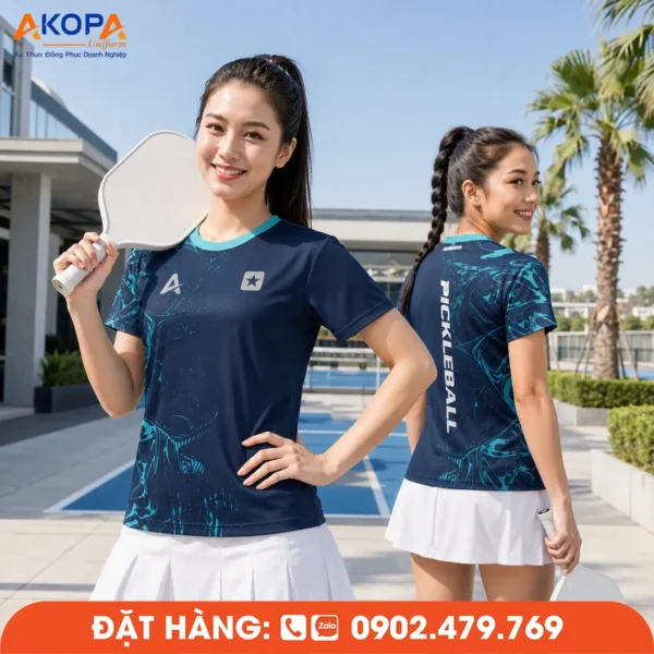 Áo Đồng Phục Pickleball Xanh Navy Phối Họa Tiết Xanh Ngọc – PK238