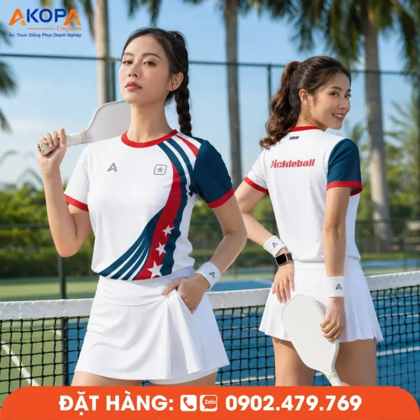 Áo Đồng Phục Pickleball Trắng Phối Xanh Navy Và Đỏ – PK233