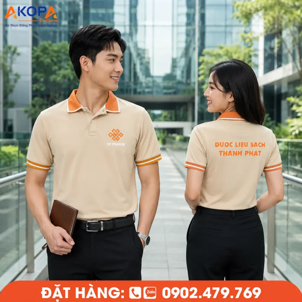 Áo polo đồng phục màu be phối cam nổi bật, thiết kế thanh lịch với logo trước ngực và tên thương hiệu sau lưng, phù hợp cho đội ngũ doanh nghiệp, dược phẩm và nhân viên kinh doanh.