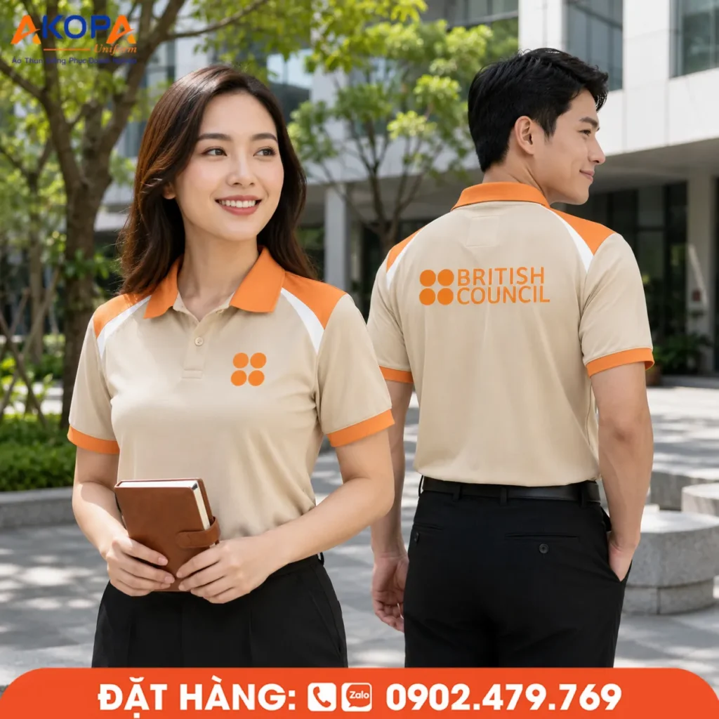 Áo polo đồng phục màu be phối cam tạo điểm nhấn trẻ trung với thiết kế vai phối hiện đại, giúp doanh nghiệp xây dựng hình ảnh chuyên nghiệp và đồng nhất. Phù hợp cho văn phòng, trung tâm đào tạo và đội ngũ tư vấn khách hàng.