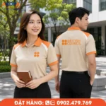 Áo polo đồng phục màu be phối cam tạo điểm nhấn trẻ trung với thiết kế vai phối hiện đại, giúp doanh nghiệp xây dựng hình ảnh chuyên nghiệp và đồng nhất. Phù hợp cho văn phòng, trung tâm đào tạo và đội ngũ tư vấn khách hàng.