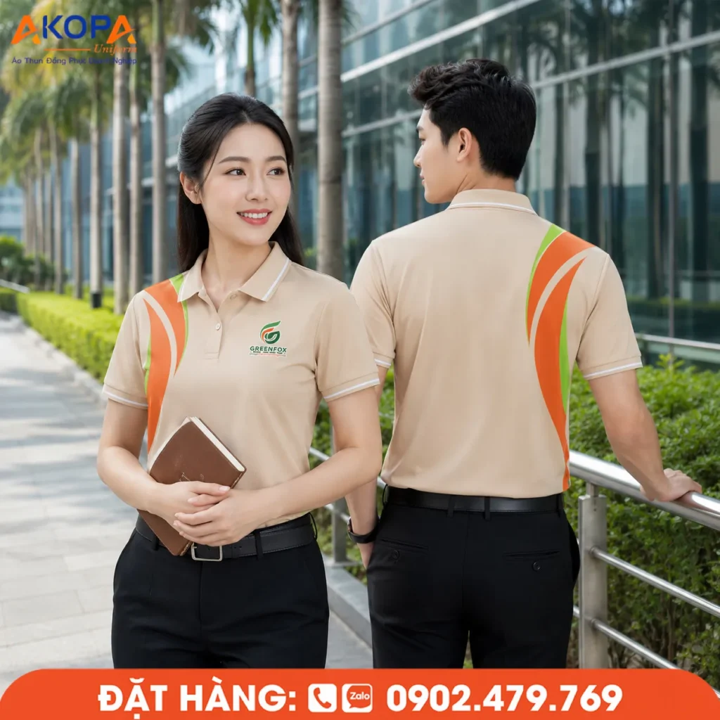 Áo polo đồng phục màu be nổi bật với họa tiết phối cam và xanh lá chạy dọc thân áo, tạo cảm giác năng động và khác biệt. Thiết kế hiện đại, tôn nhận diện thương hiệu, phù hợp cho doanh nghiệp, công ty môi trường, năng lượng và đội ngũ kinh doanh thường xuyên gặp gỡ khách hàng.