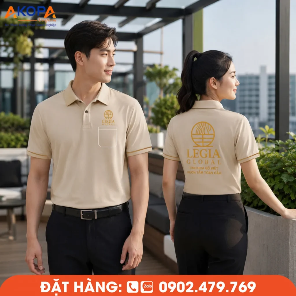 Áo polo đồng phục màu be tối giản kết hợp logo in sắc nét trước ngực và sau lưng, mang đến vẻ ngoài sang trọng, tinh tế. Thiết kế thanh lịch, dễ ứng dụng cho doanh nghiệp, showroom, văn phòng và đội ngũ tư vấn, góp phần nâng tầm hình ảnh thương hiệu.