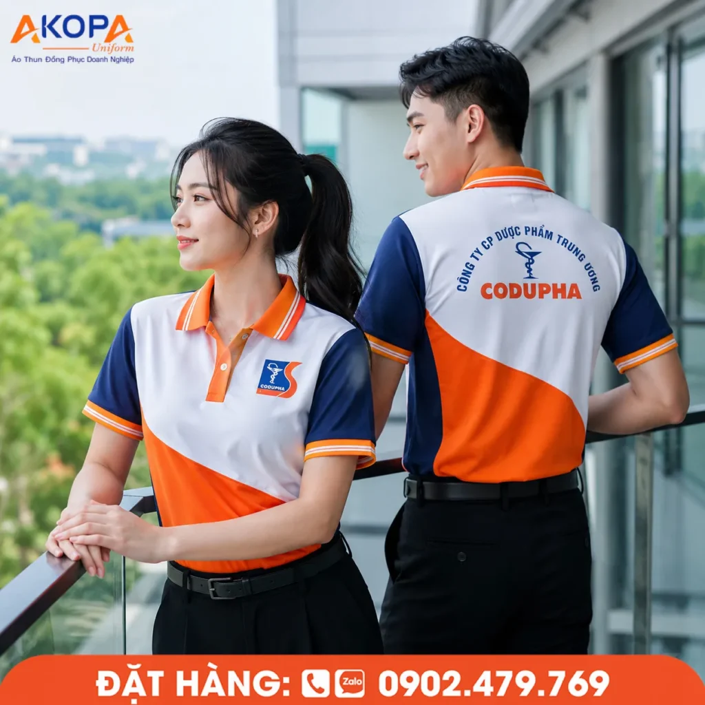 Áo polo đồng phục màu cam phối trắng xanh tạo điểm nhấn hiện đại, thiết kế may phối chuyên nghiệp, phù hợp doanh nghiệp, dược phẩm và các thương hiệu đề cao nhận diện.