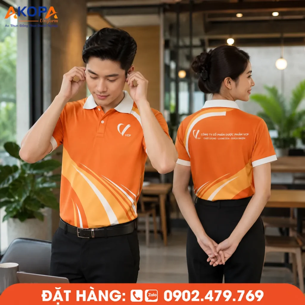 Áo polo đồng phục màu cam ứng dụng họa tiết chuyển sắc và đường cong cách điệu, tạo vẻ ngoài hiện đại, nổi bật thương hiệu, phù hợp doanh nghiệp dược phẩm và văn phòng chuyên nghiệp.