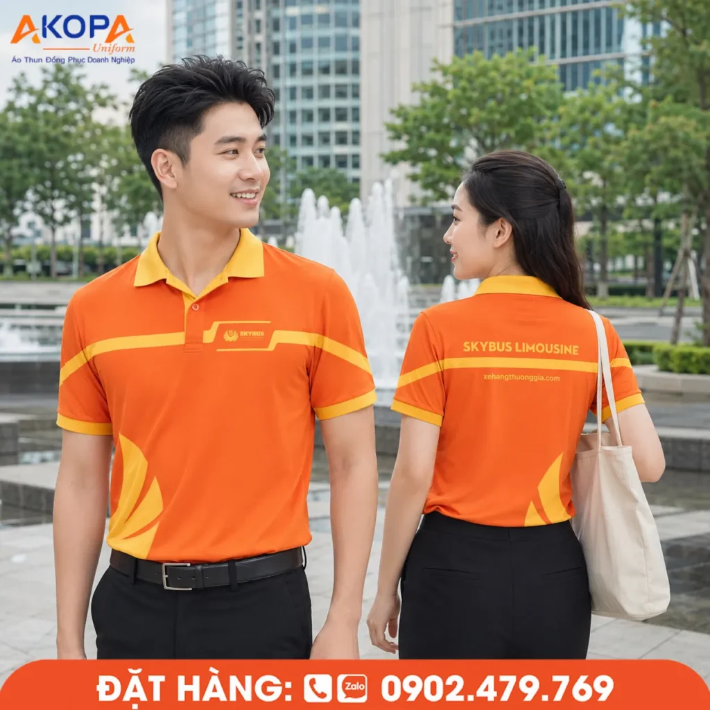 Áo polo đồng phục màu cam phối vàng nổi bật với thiết kế hiện đại, đường may sắc sảo và màu sắc thu hút, phù hợp cho doanh nghiệp vận tải, du lịch và dịch vụ cần tăng nhận diện thương hiệu.