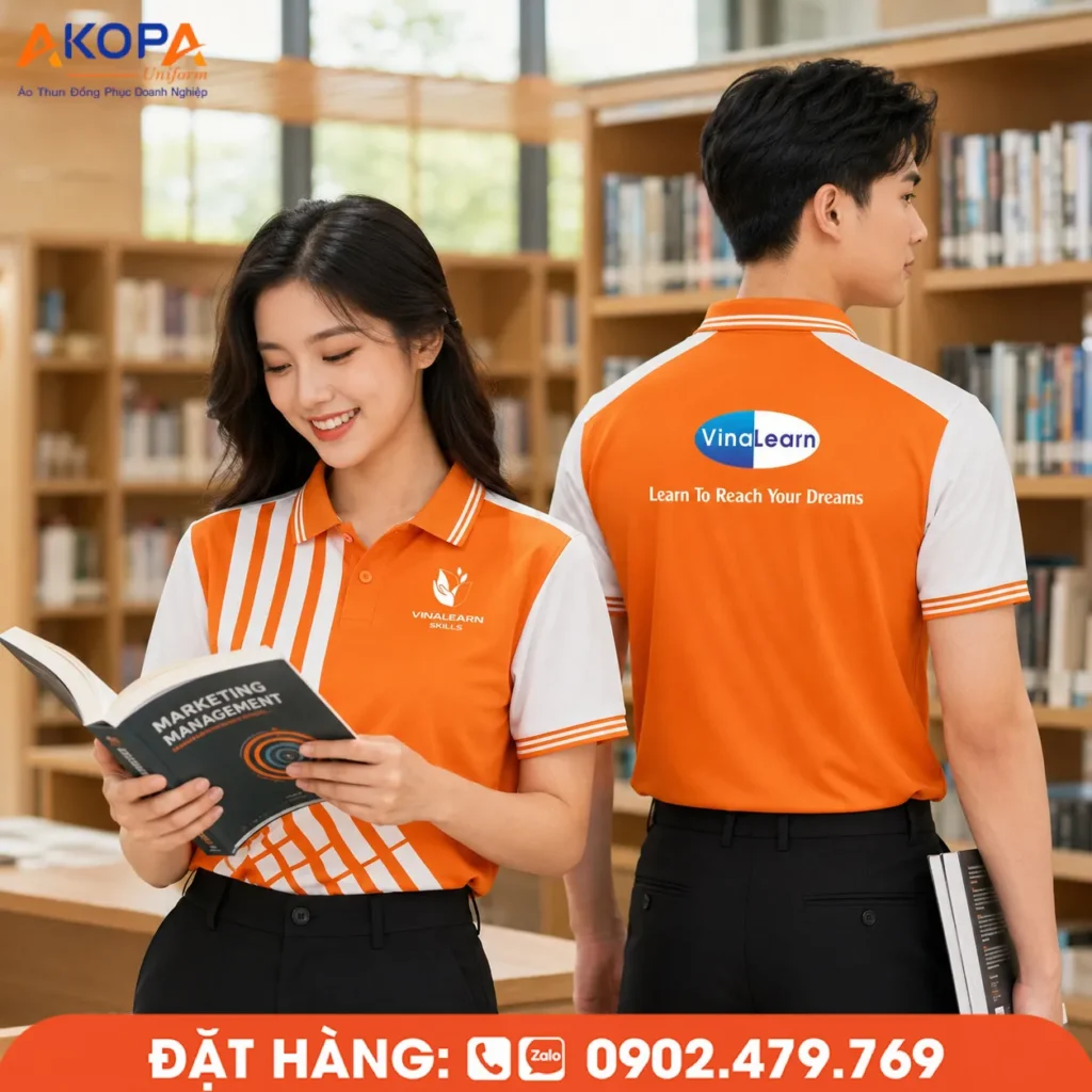 Áo polo đồng phục màu cam phối trắng với họa tiết sọc chéo ấn tượng, thiết kế trẻ trung, giúp trung tâm đào tạo, trường học và doanh nghiệp xây dựng hình ảnh chuyên nghiệp, nổi bật.