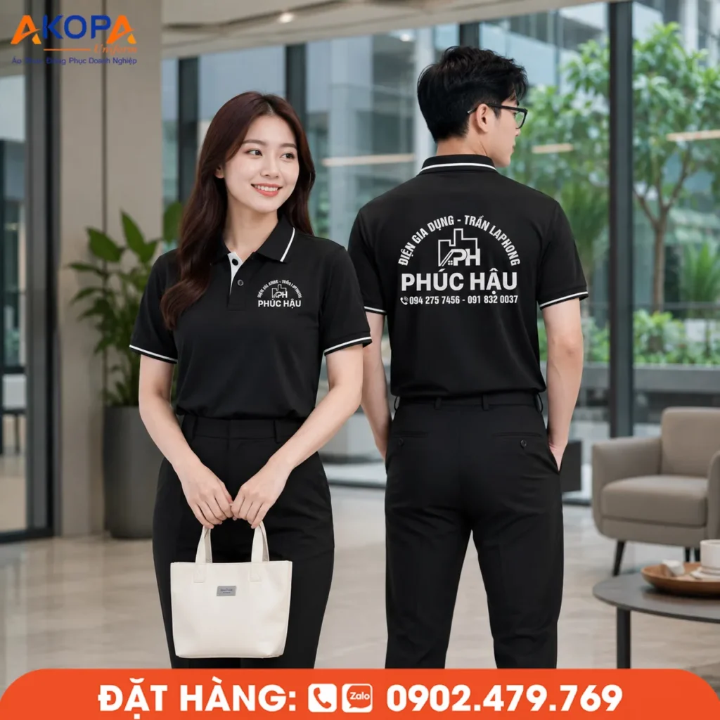 Áo polo đồng phục màu đen Phúc Hậu mang phong cách tối giản với cổ áo phối viền trắng hiện đại, chất liệu co giãn thoáng mát và logo in sắc nét. Mẫu áo phù hợp cho doanh nghiệp điện gia dụng, điện lạnh và dịch vụ kỹ thuật, giúp nâng tầm hình ảnh thương hiệu một cách chuyên nghiệp.